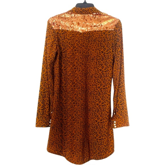 Chic Brown Leopard Print Blouse S Long Sleeves Shimmer Sequin Pockets Mid Length - Picture 9 of 9